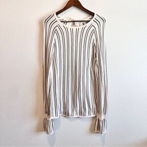 Hinge Striped Sweater Small Long Sleeve Tie Back Cream Gray Knit Preppy Boho
